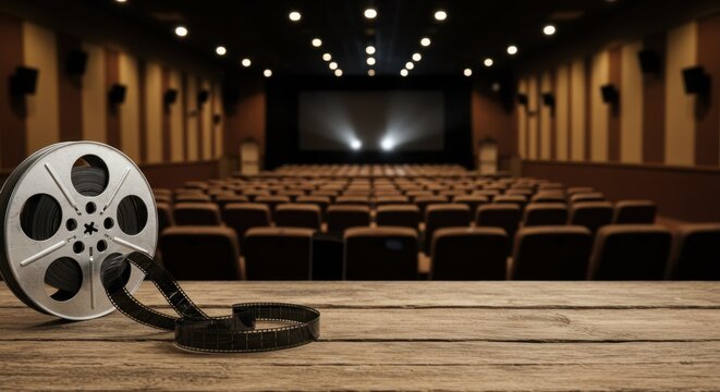 Cinema Reel on Wooden Table Against Blurred Movie Theater Background:  A Cinematic Experience Awaits