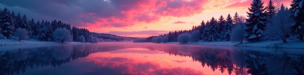 Fototapeta premium Dark silhouettes of winter trees reflected perfectly, woodland, idyllic, peaceful