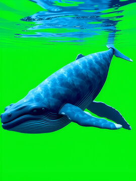 A large blue whale gracefully swimming in a clear ocean setting, isolated against a vibrant green screen background.  This high-quality, digitally rendered image showcases intricate details of the wha