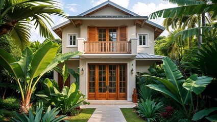 Fototapeta premium a tropical-style, two-story house surrounded by lush greenery. The house features a light beige exterior with a metal gabled roof and wooden shutters on the upper windows. 