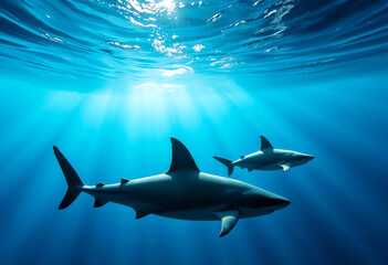 Obraz premium Graceful Sharks Gliding Through Sunlit Ocean Depths