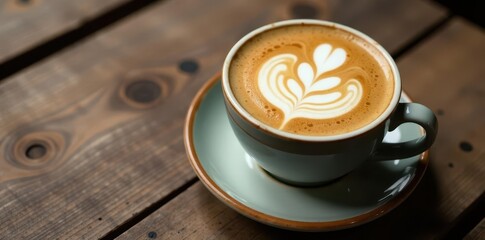 Close-up latte art coffee in ceramic cup on rustic wood Weekend relaxation , relax, coffee, background