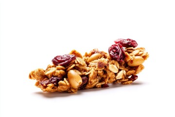Obraz premium Crunchy Granola Bar Delight a Macro Shot Showcasing Nuts Oats and Cranberries on White backdrop