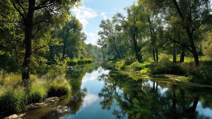 Serene natural woodland landscape with water reflections in clear stream at summer day nature forest river scene