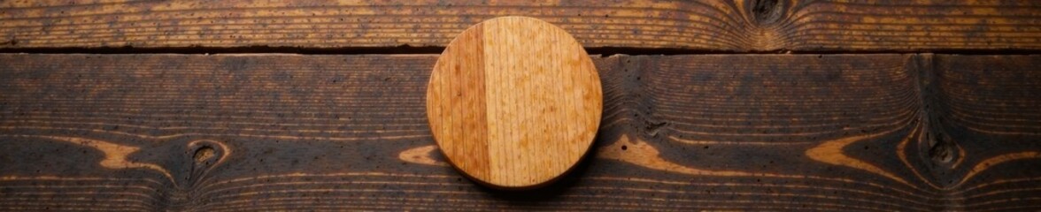 Minimalist circular pin badge on a wooden background, simple design, Minimalism