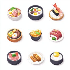 Colorful assortment of delicious Japanese dishes including sushi, ramen, and tempura displayed in a visually appealing grid layout, perfect for culinary concepts.