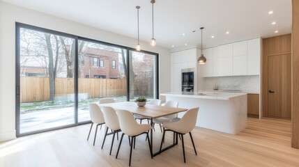 Fototapeta premium Modern, bright kitchen/dining area with expansive patio views