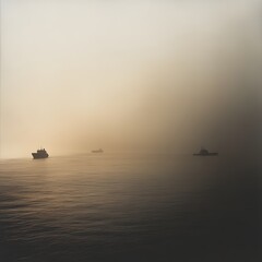 Obraz premium Foggy Sea, Silhouetted Ships at Dawn