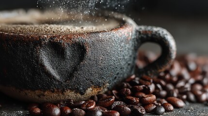 warm coffee mug releasing heart shaped steam complemented by a scattering of coffee beans,stock photo