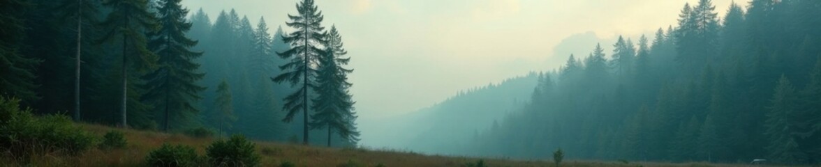 Obraz premium misty forest with fir trees, vintage cameras and lenses, foggy landscape, misty mountains, rustic wooden signs