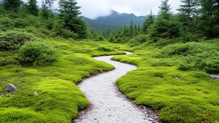 Fototapeta premium Serene mountain path winding through lush green meadow. Misty mountains in the distance