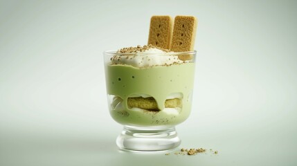 Matcha Tiramisu in Transparent Glass with Biscuit Garnish