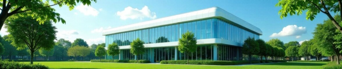Fototapeta premium Modern office building surrounded by lush greenery and blue sky , business, building
