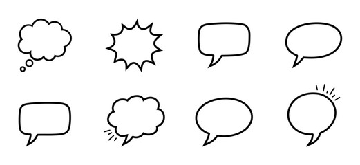 Fototapeta premium Set of black outlined speech and thought bubble icons on transparent background, perfect for comics, chat interfaces, or design elements.