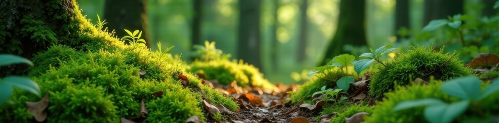 Fototapeta premium Moss-covered forest floor with ferns and lichen, greenery, forest floor, ferns