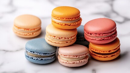 Obraz premium Colorful macarons assortment on marble background delicious almond meringue cookies sweet confectionery treats vibrant colors perfect for patisseries and dessert lovers 