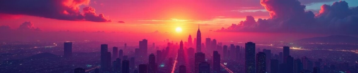 Fototapeta premium Multicolored background with a futuristic cityscape at sunset, cityscape, colorful, futuristic