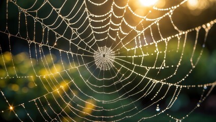 Spiderweb Covered in Dew Drops Shimmers in Sunlight during Early Morning