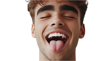 Playful Portrait of a Young Man with Tongue Out,  Close Up Shot of Happy Expression,  Smiling Face with Eyes Closed