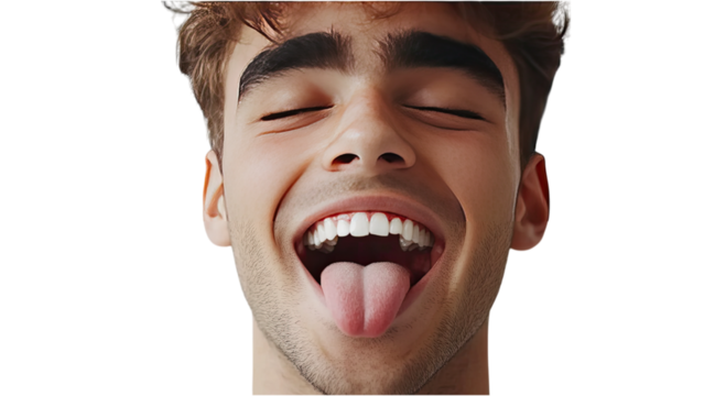 Playful Portrait of a Young Man with Tongue Out,  Close Up Shot of Happy Expression,  Smiling Face with Eyes Closed