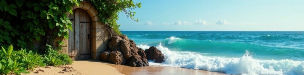 Old wooden door with vines wrapped around it slowly falling into the ocean, fall, vine