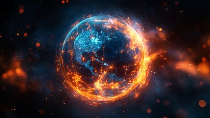 Obraz premium Fiery Globe Symbolizing Global Warming, A fiery globe with glowing continents, symbolizing global warming