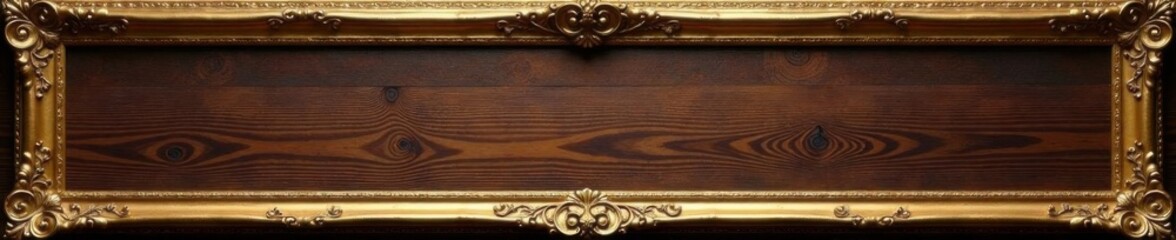 Ornate gold frame with gilded scroll details and baroque patterns adorns an elegant wooden backdrop, gold, luxury, scroll