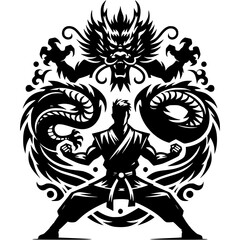 Sport emblem of kung fu master charged with dragon energy in monochrome. Engraving minimalistic vector in black ink drawing on transparent background