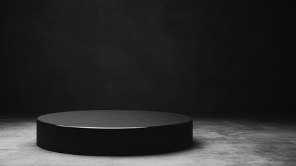 Glossy Round Black Lacquer Podium on Gray Concrete Background for Presentation Display