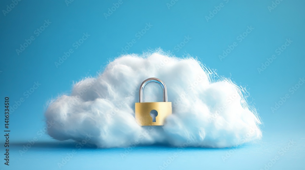 Poster cloud data security: padlock on cloud with blue background secure your data and protect your cloud s