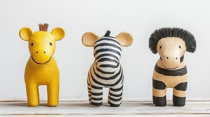 Delightful assemblage of handmade animal figurines featuring a cheerful giraffe a stylish zebra and a charismatic lion offering a whimsical touch
