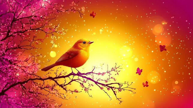 Whimsical avian serenade beneath a sky bathed in radiant hues of amber and rose casting a gentle glow on a delicate branch landscape