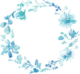 水彩画。水彩タッチのベクターイラスト。青い花のガーベライラスト。植物と花のベクターフレーム。Watercolor painting. Vector illustration with watercolor touch. Blue flowers gerbera illustration. Vector frame of plants and flowers.
