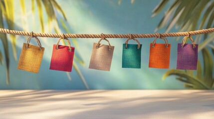 Colorful career options: flags on rope against a sunny beach background diverse employment paths professional development and bright prospects visualized in a unique eye-catching image 
