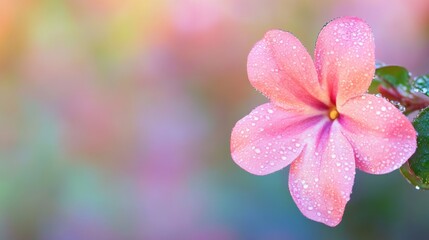 Close-up of a vibrant pink flower covered in morning dew, set against a blurred, colorful garden background that enhances its beauty