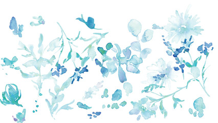 水彩画。水彩タッチのベクターイラスト。青い花のガーベライラスト。植物と花のベクターフレーム。Watercolor painting. Vector illustration with watercolor touch. Blue flowers gerbera illustration. Vector frame of plants and flowers.