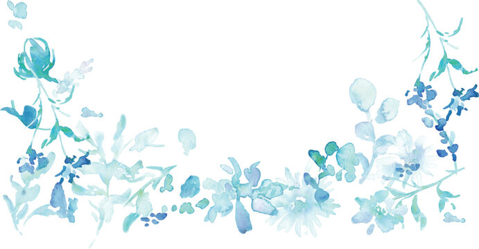 水彩画。水彩タッチのベクターイラスト。青い花のガーベライラスト。植物と花のベクターフレーム。Watercolor painting. Vector illustration with watercolor touch. Blue flowers gerbera illustration. Vector frame of plants and flowers.