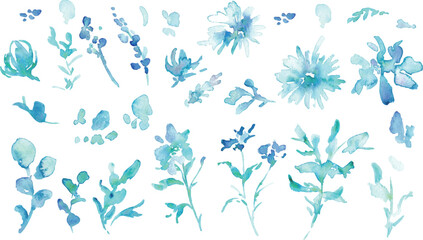 水彩画。水彩タッチのベクターイラスト。青い花のガーベライラスト。植物と花のベクターフレーム。Watercolor painting. Vector illustration with watercolor touch. Blue flowers gerbera illustration. Vector frame of plants and flowers.