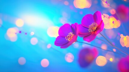Stunning pink blossoms stand out beautifully against a soft blue backdrop, illuminated by gentle bokeh effects during dusk