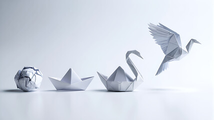 Origami Metamorphosis Crumpled Paper to Boat to Swan to Flying Bird Transformation, White Background, Growth Concept