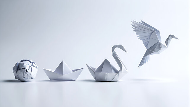Origami Metamorphosis Crumpled Paper to Boat to Swan to Flying Bird Transformation, White Background, Growth Concept