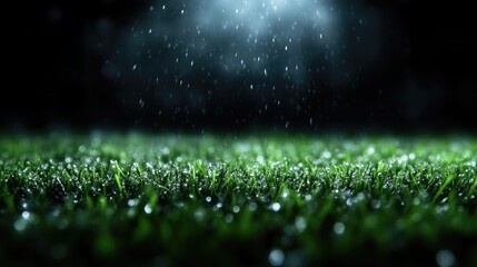 Dark night, wet grass, rain drops.  Close-up of glistening, dewy grass field under a night sky with a soft light source above, suggesting a rainy evening