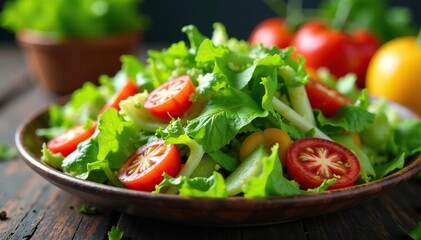 Fresh salad, vibrant greens, colorful vegetables, delicious, tomato