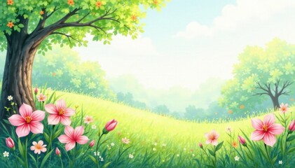 Obraz premium Pastel watercolor spring landscape with blooming flowers and lush greenery, outdoor, nature, sunny days