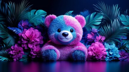 Fototapeta premium Surreal plush bear amid luminous foliage in a vibrant dreamscape featuring shades of radiant blue, magenta and turquoise fantasy art for imaginative minds