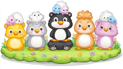 Naklejka premium Charming array of vibrant kawaii animal friends nestled on grassy platform whimsical illustration for children's content with playful cartoon flair