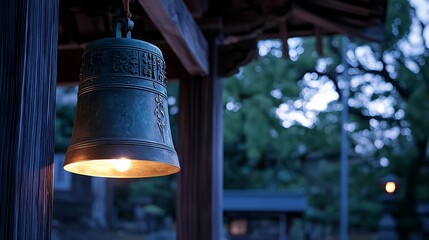 Obraz premium Illuminated bronze temple bell at dusk.