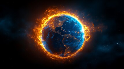 Obraz premium Fiery Globe Symbolizing Global Warming, A fiery globe with glowing continents, symbolizing global warming