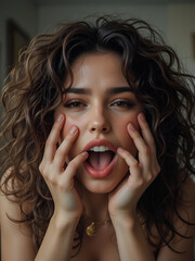 Curly brunette rolls her eyes experiencing orgasm