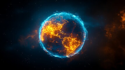 Obraz premium Fiery Globe Symbolizing Global Warming, A fiery globe with glowing continents, symbolizing global warming